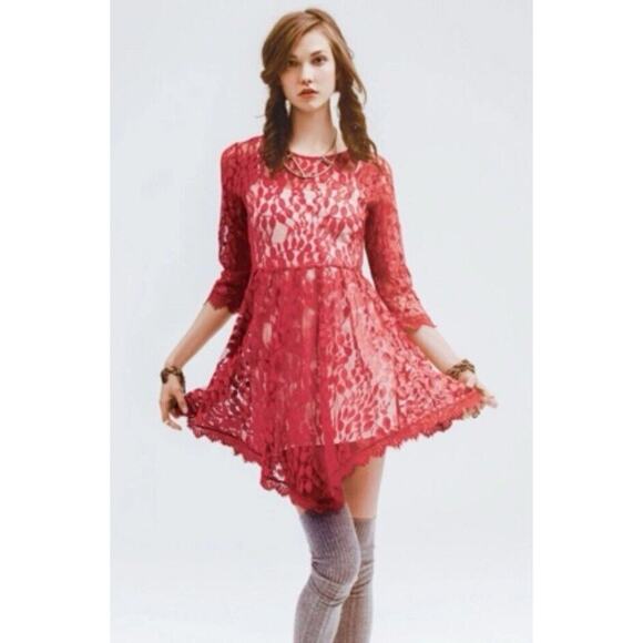 Free People Womens Dress 0 Red Floral Mesh Sheer Lace Asymmetrical Boho Romantic - Picture 1 of 15